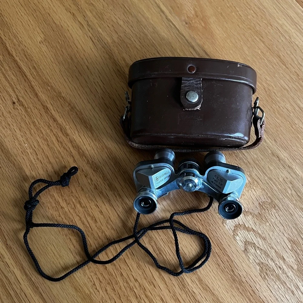 Vintage Bushnell 6 x 15 Mini Field Binoculars with Brown Leather Case